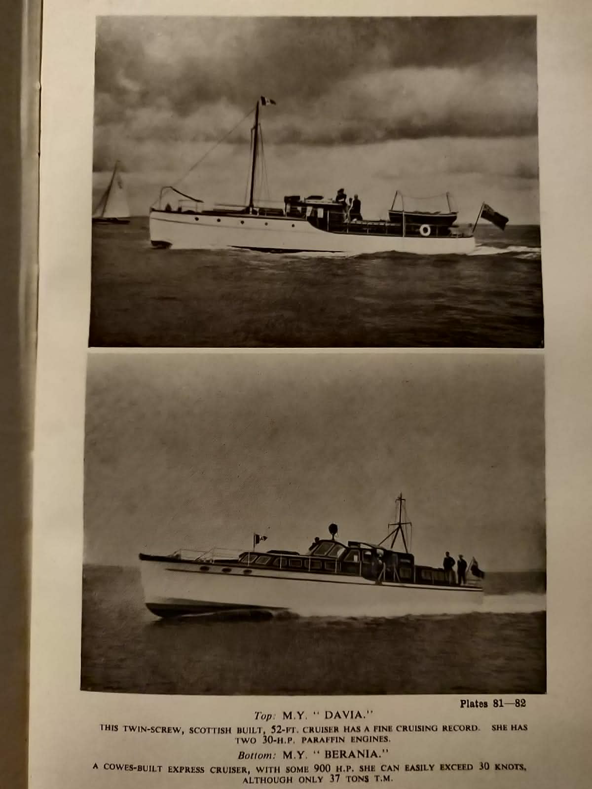 Page de la revue Motor Cruising de 1929 mentionnant le M.Y. Davia
